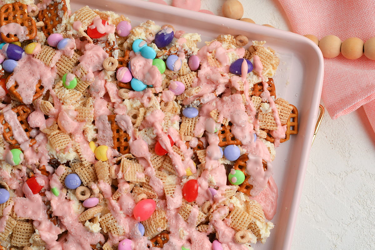 close up overhead shot of bunny bait on sheet pan