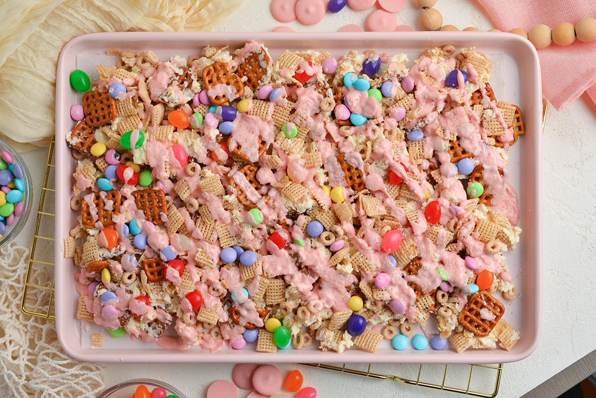 overhead shot of sheet an of bunny bait snack mix