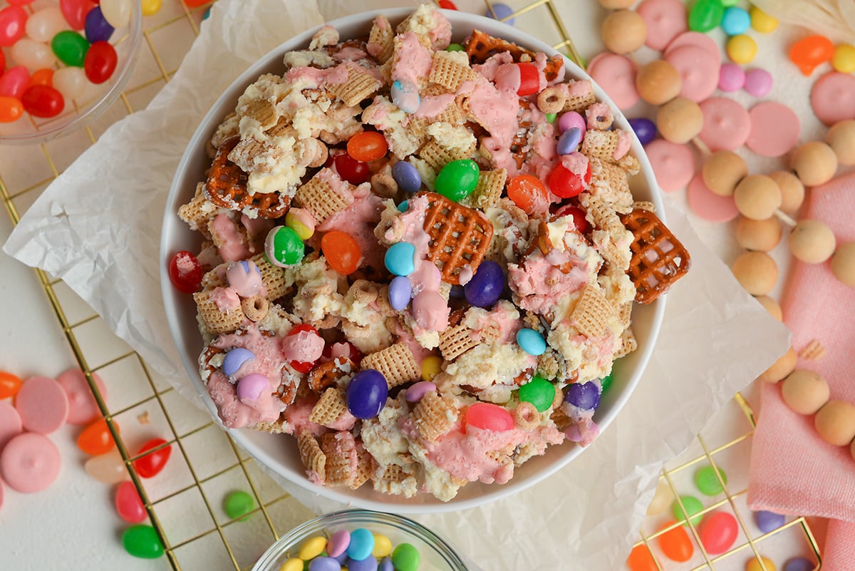 overhead shot of bowl of bunny bait snack mix