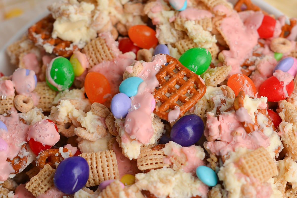 close up of bowl of bunny bait snack mix