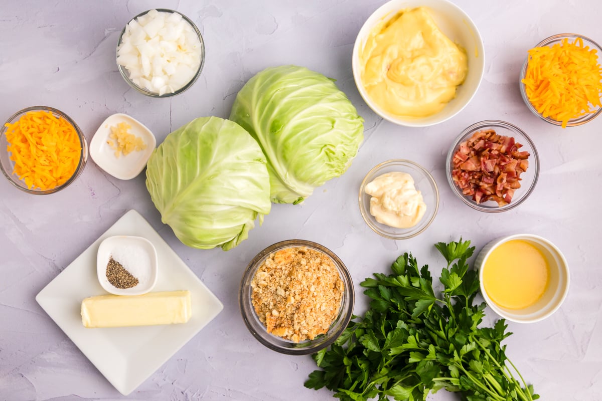 overhead shot of cabbage casserole ingredients