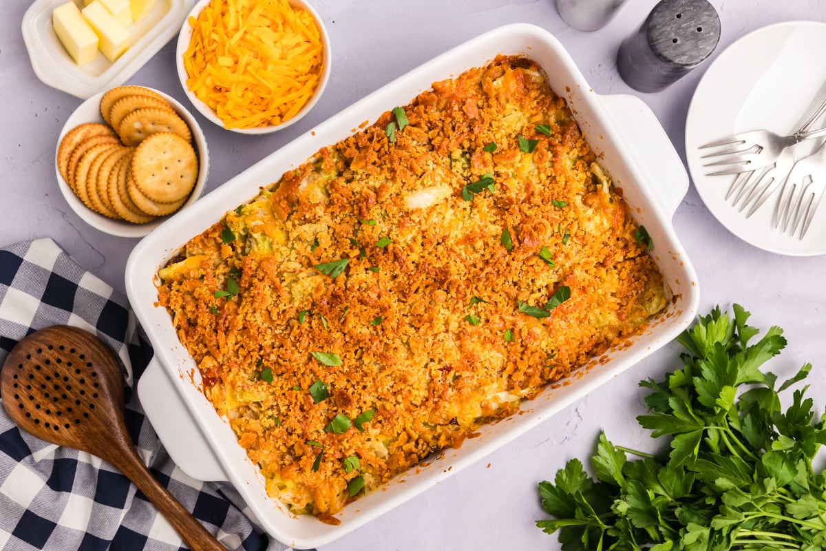 overhead shot of cabbage casserole in baking dish