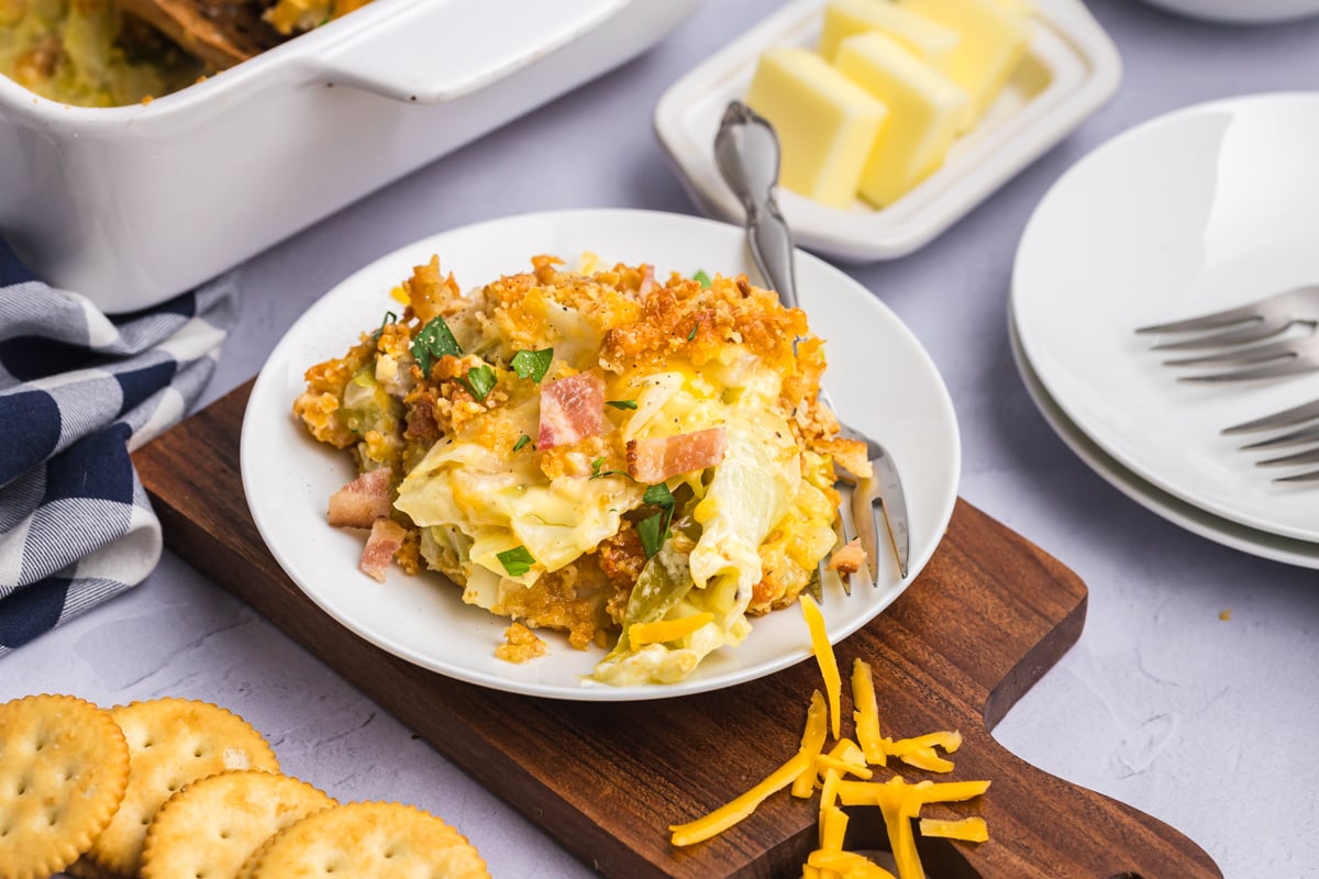 angled shot of plate of cabbage casserole