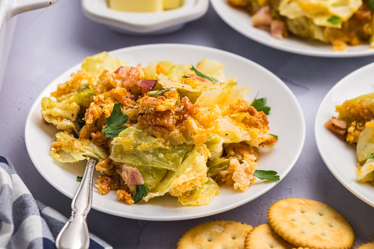 close up of cabbage casserole on plate