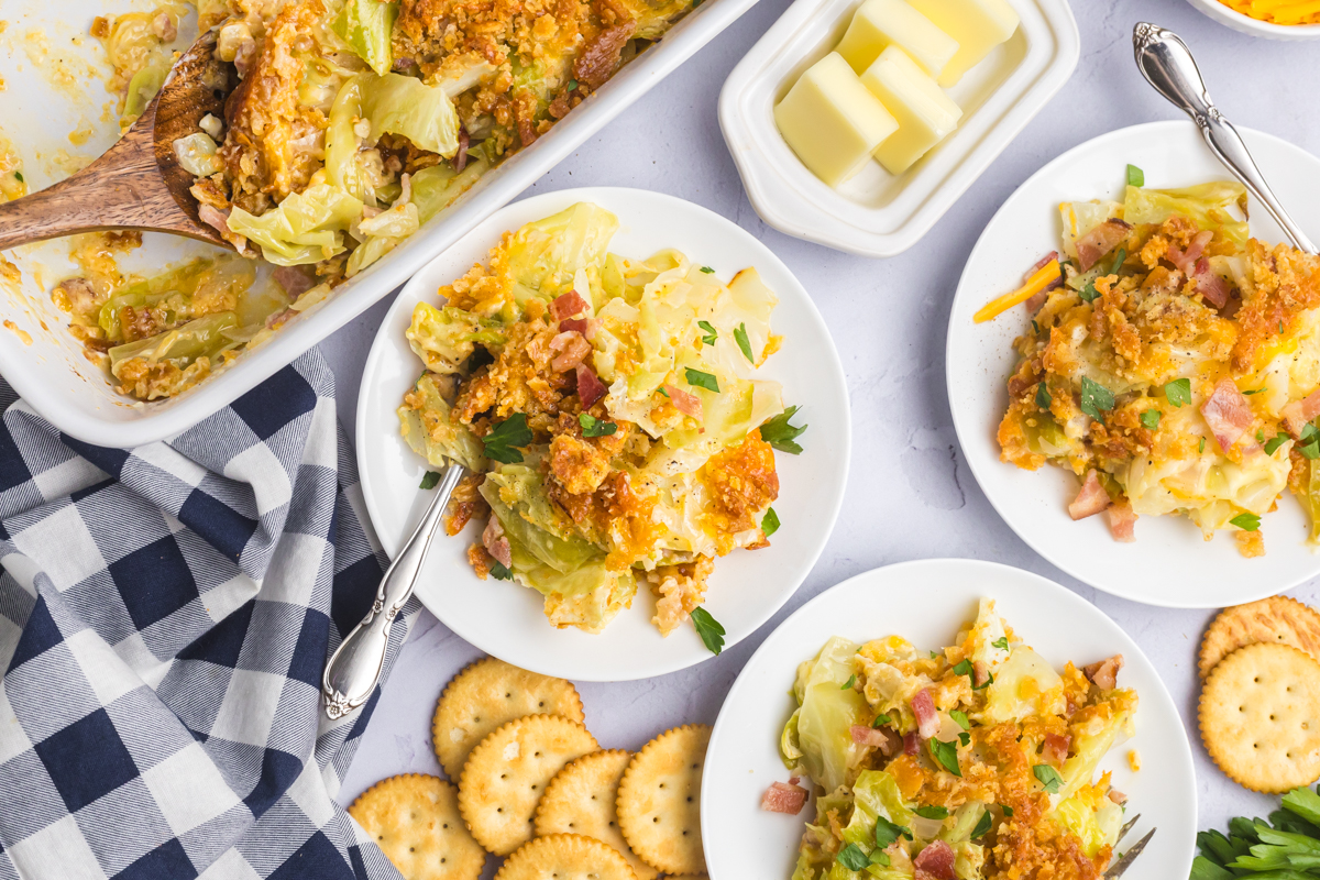 overhead shot of plates of cabbage casserole