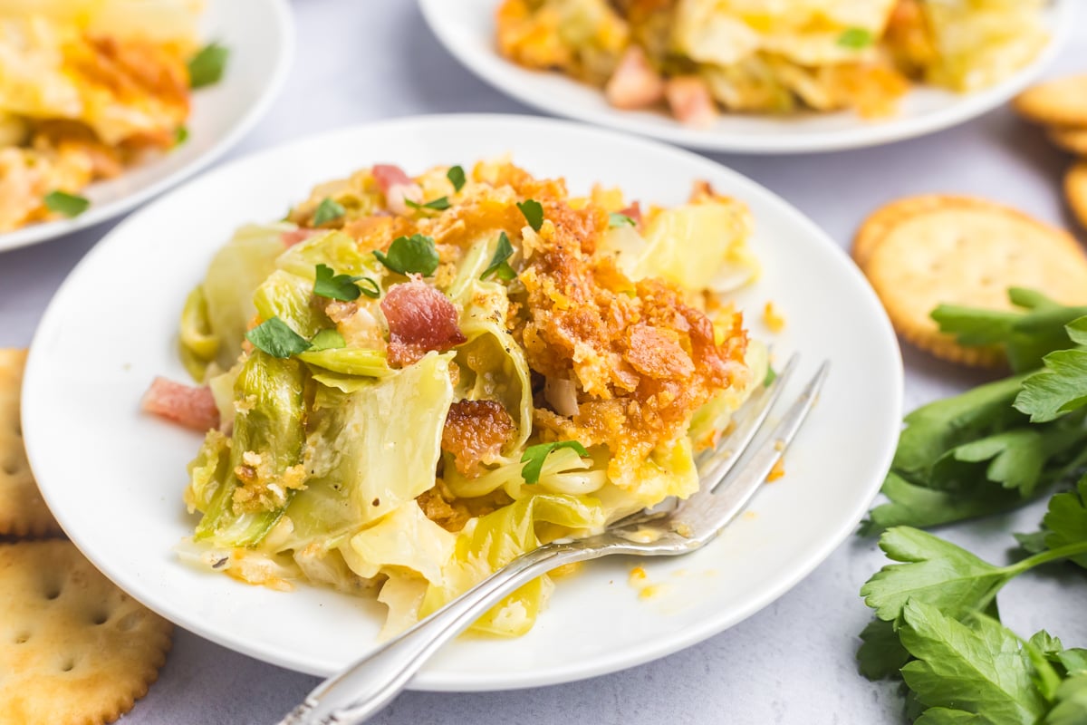 angled shot of fork on plate with cabbage casserole