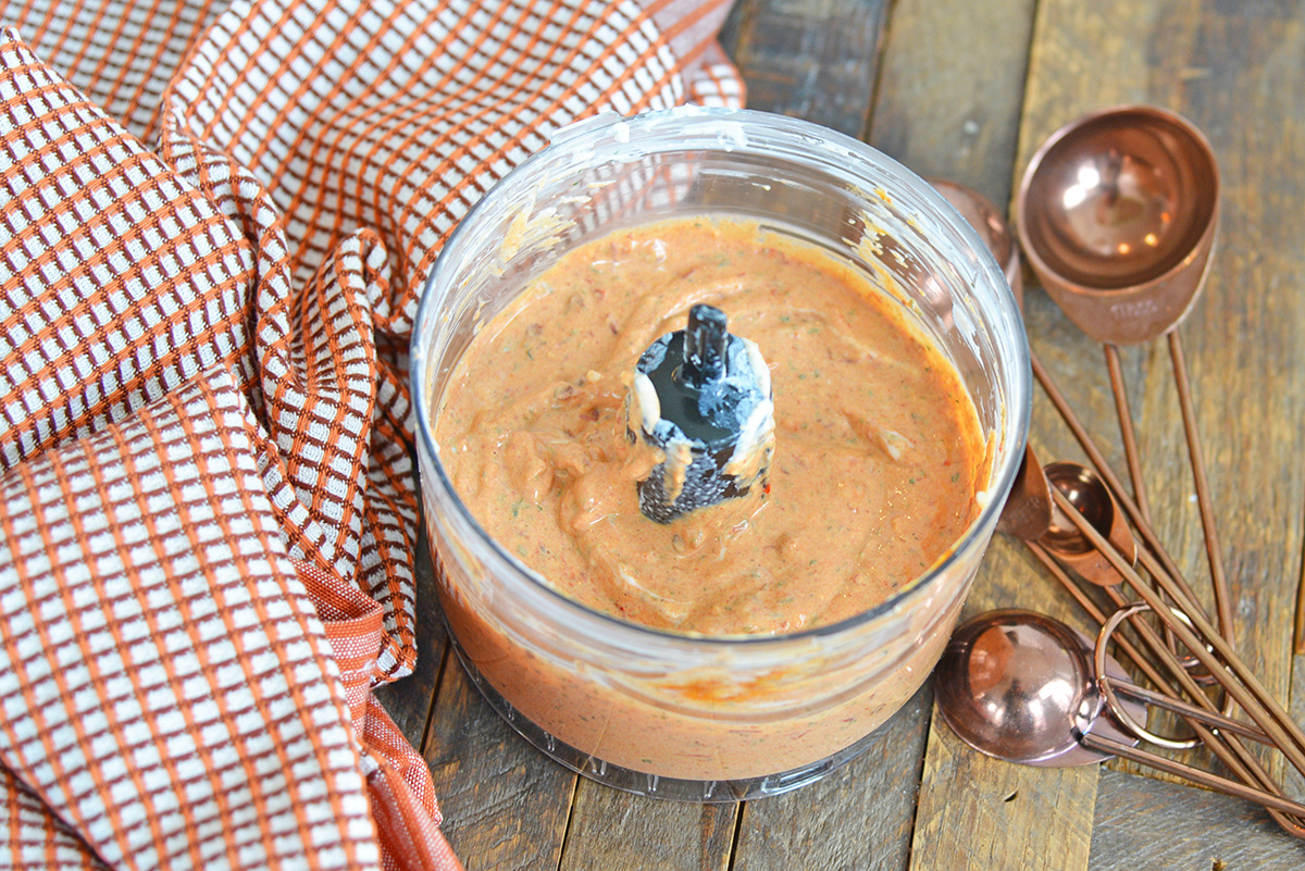 angled shot of chipotle ranch dressing in food processor