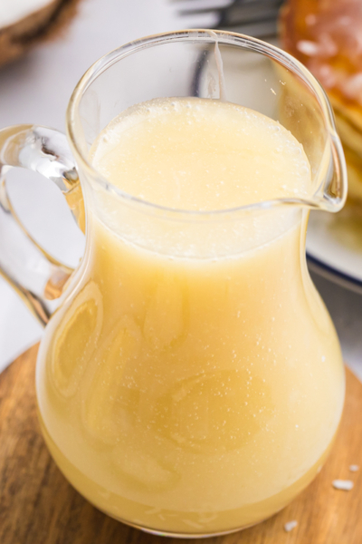 angled shot of coconut syrup in jar