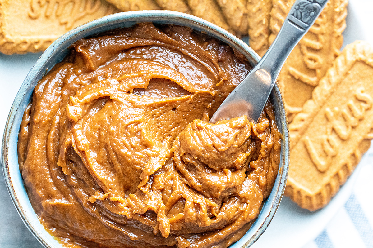 overhead shot of bowl of cookie butter with knife