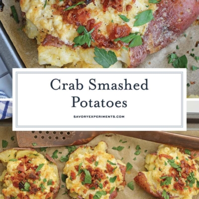 crispy smashed potatoes with crab collage