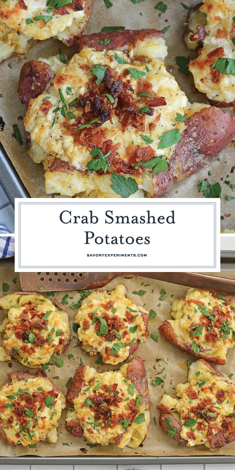 crispy smashed potatoes with crab collage