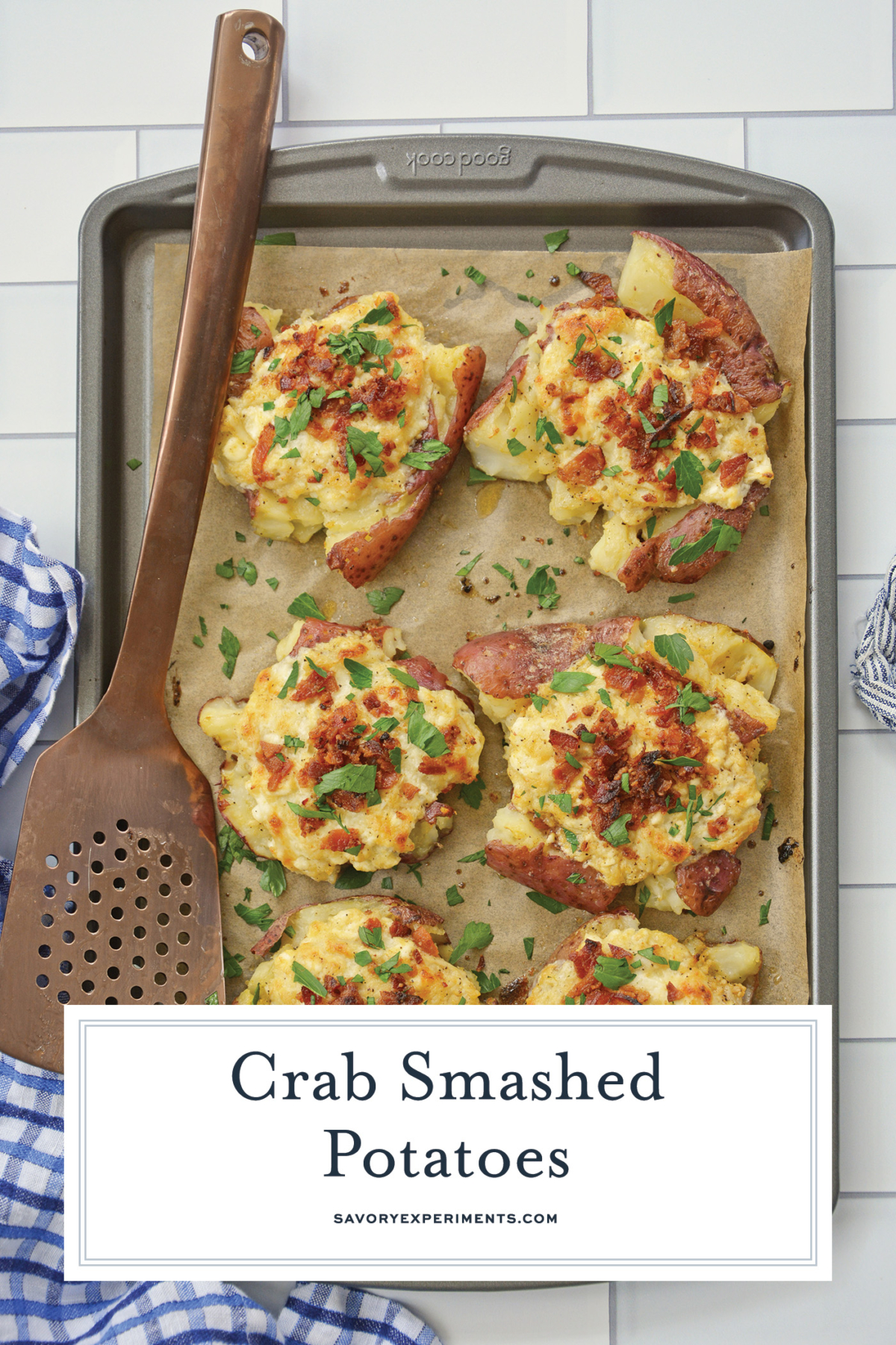 close up of crispy smashed potatoes with crab topping with text overlay