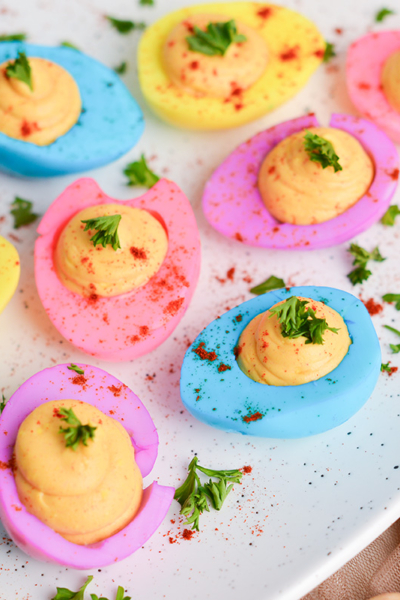 angled shot of platter of easter deviled eggs