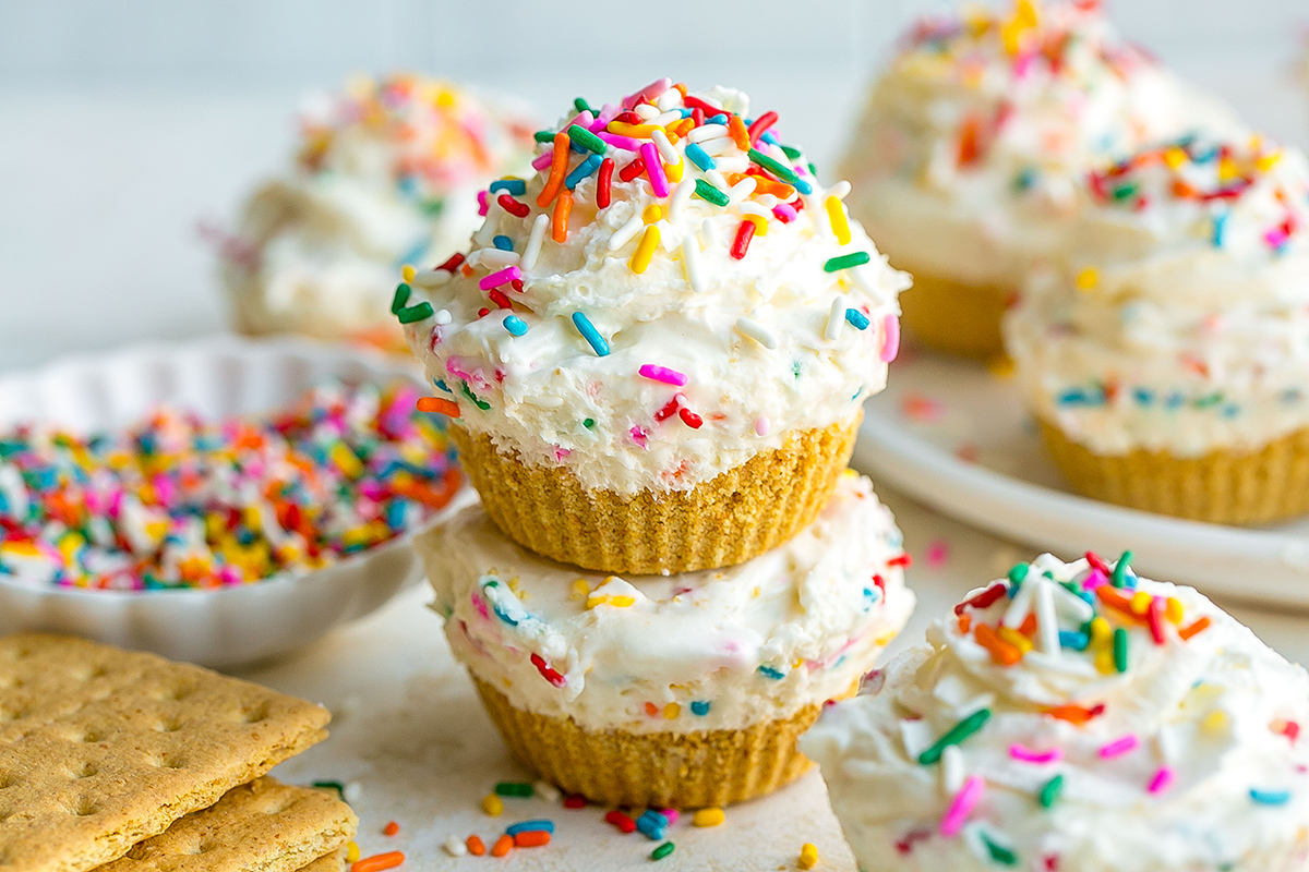 close up angled shot of stack of cheesecake bites