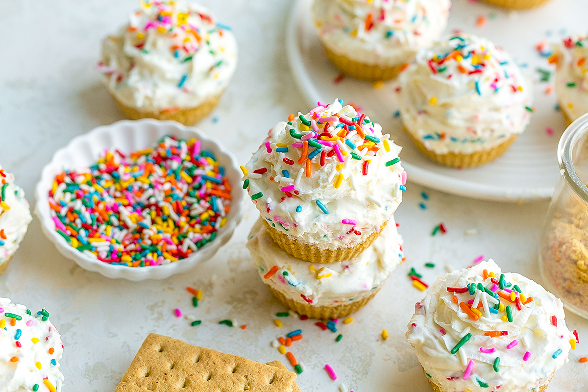 angled shot of stack of cheesecake bites