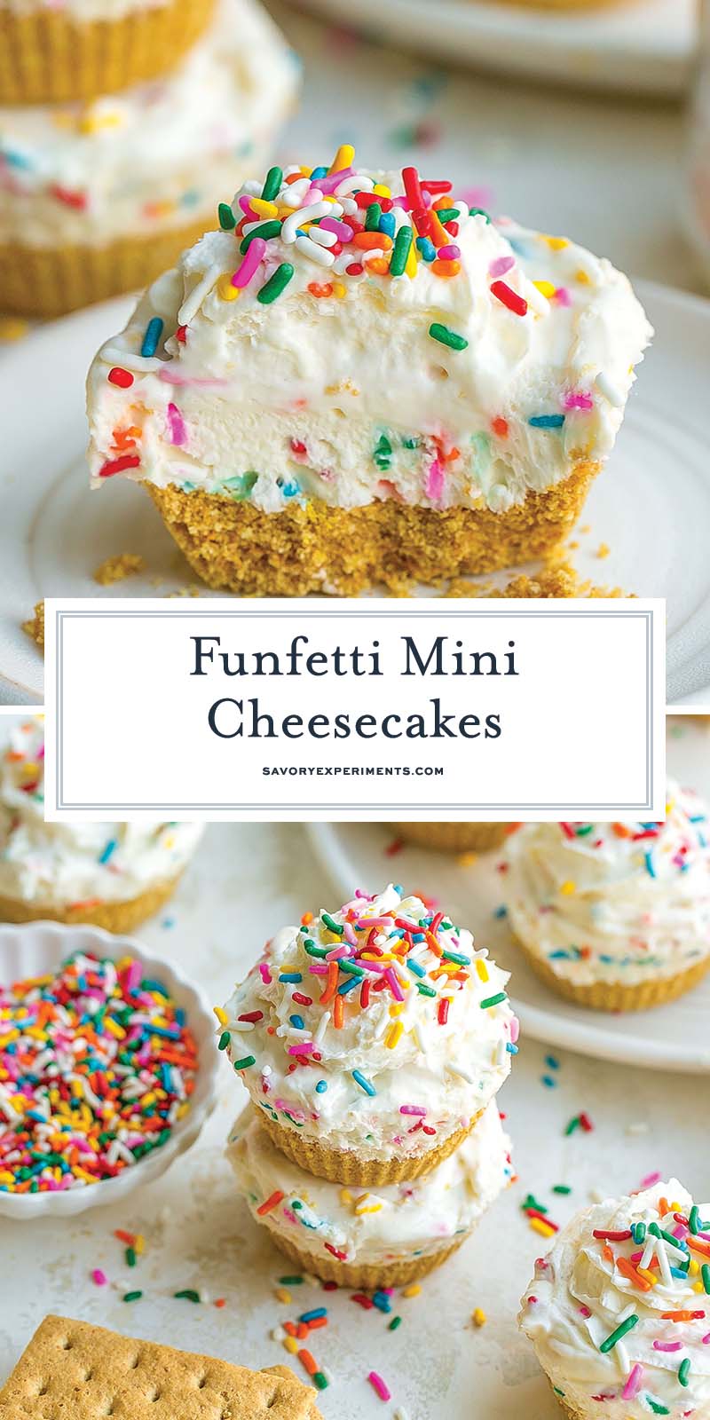 collage of mini funfetti cheesecakes