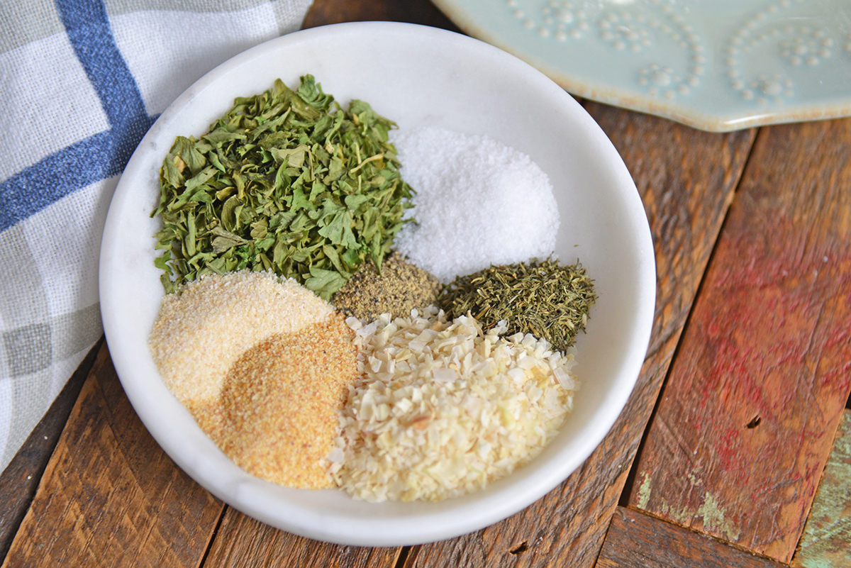 angled shot of bowl of dry ranch seasoning