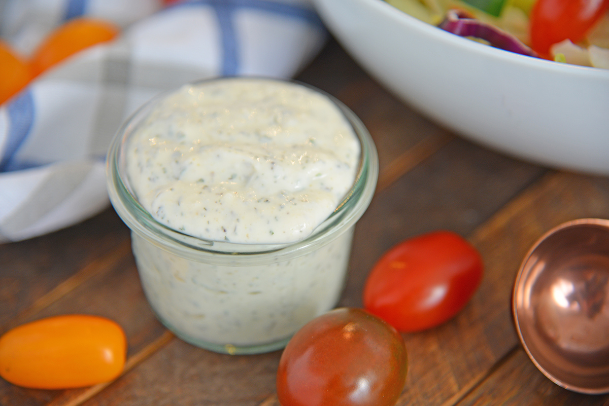 angled shot of small bowl of ranch dressing