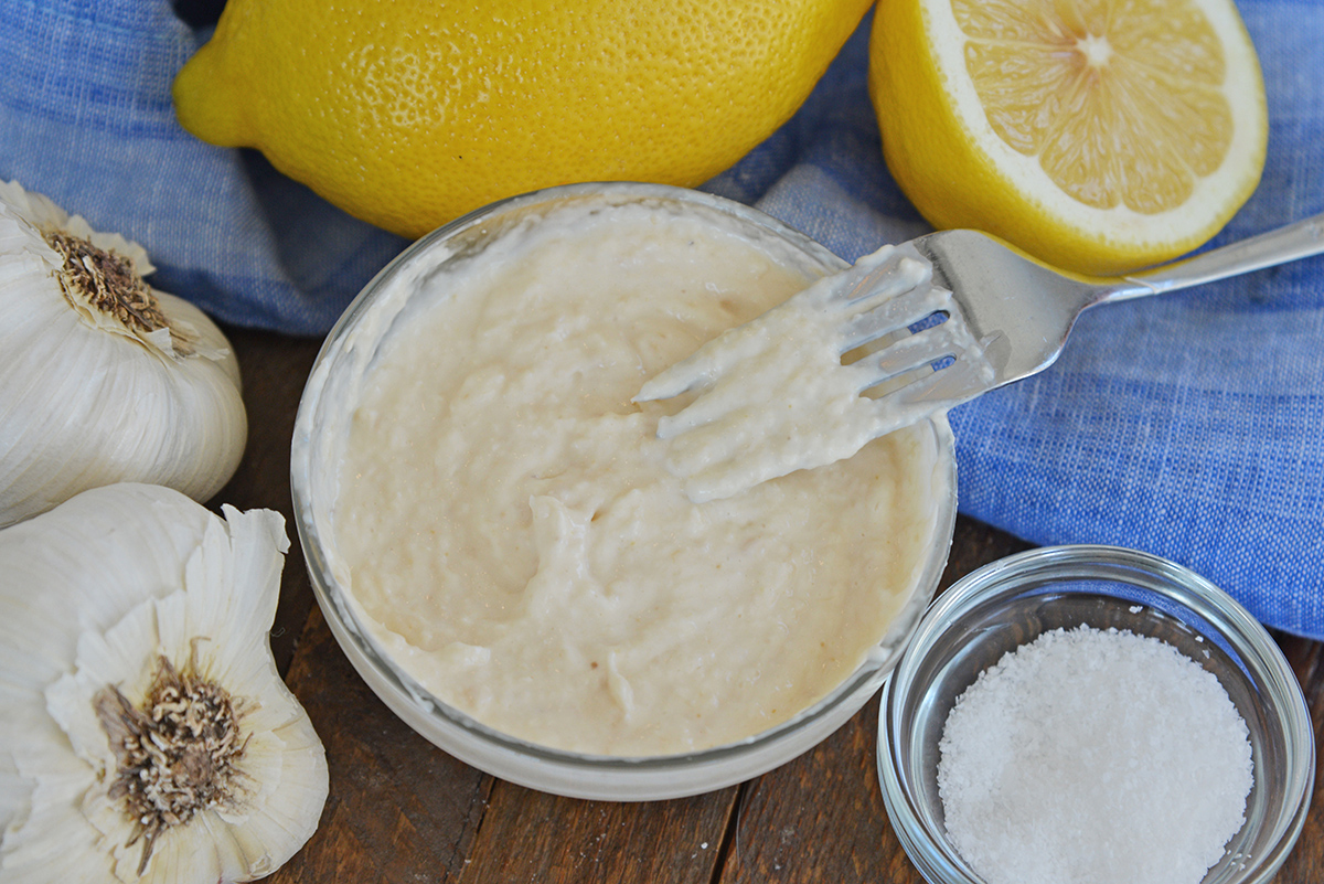 Zesty horseradish aioli sauce surrounded by ingredients