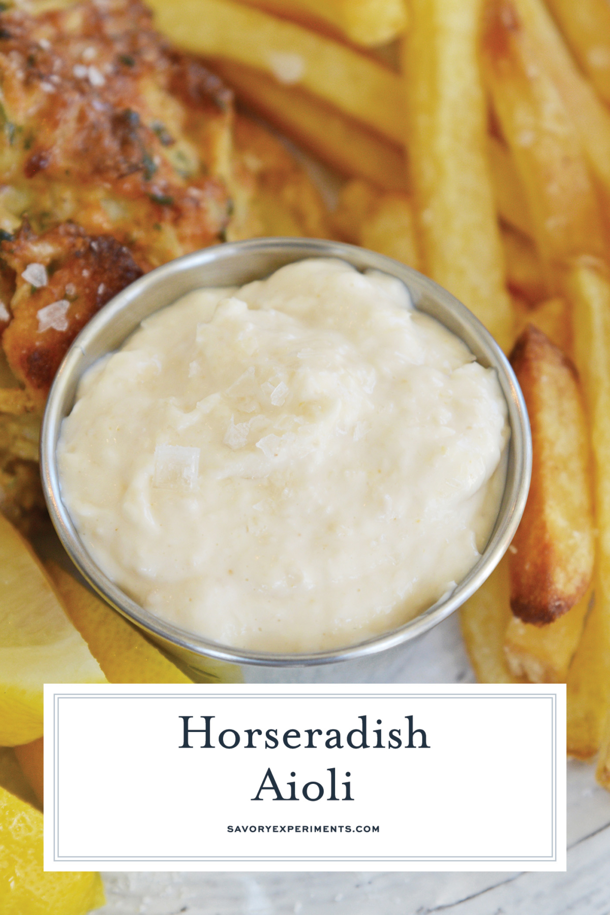 Close up of horseradish aioli sauce with text overlay