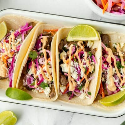 overhead shot of Korean tacos in serving dish