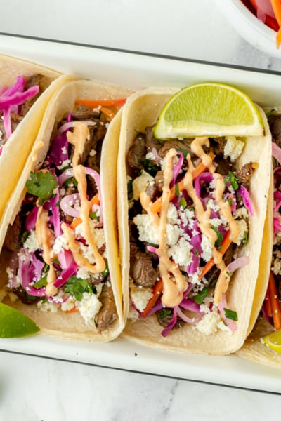 overhead shot of Korean tacos in serving dish