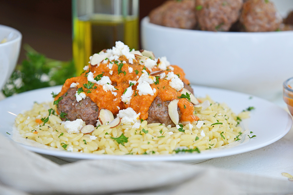 straight on shot of plate of lamb meatballs