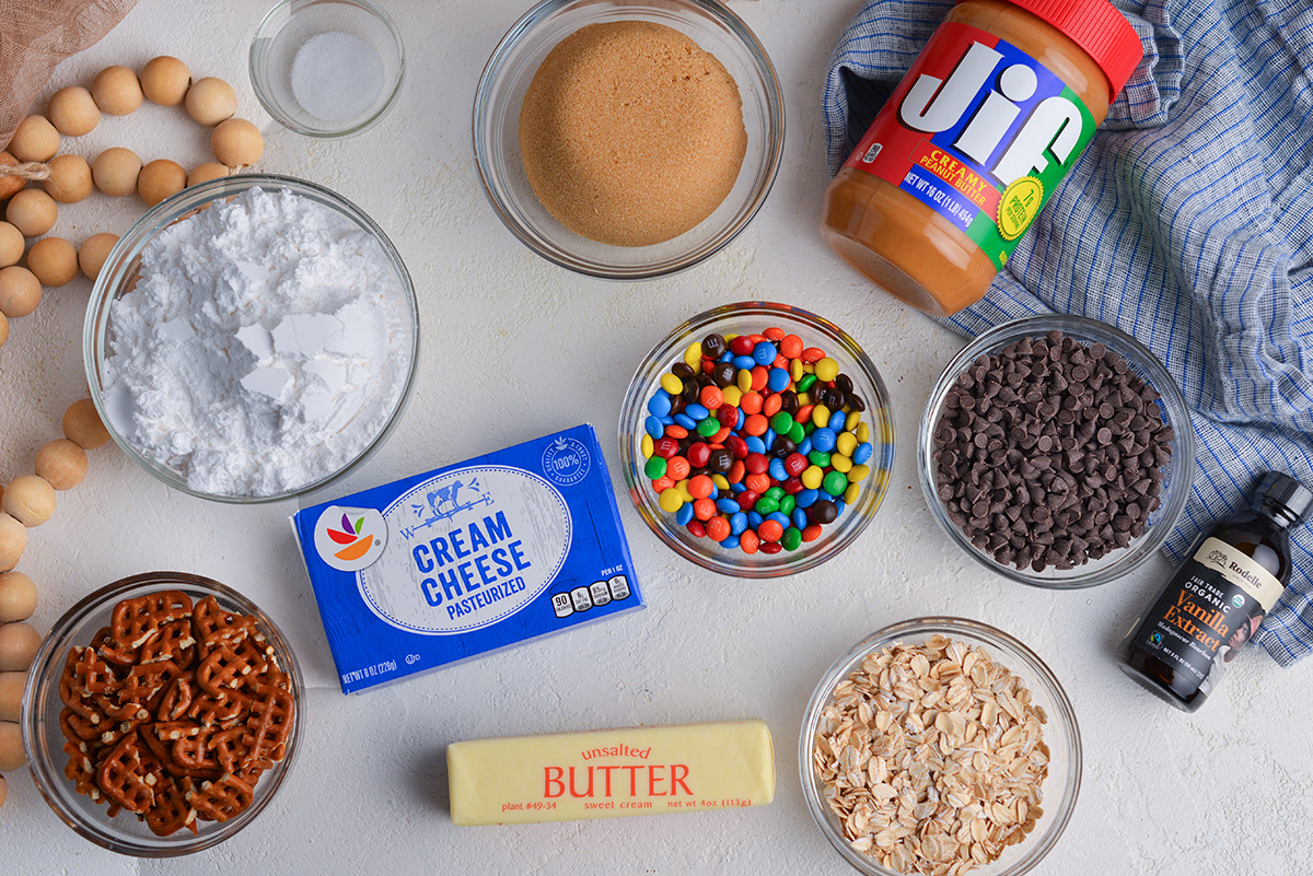 overhead shot of monster cookie dip ingredients