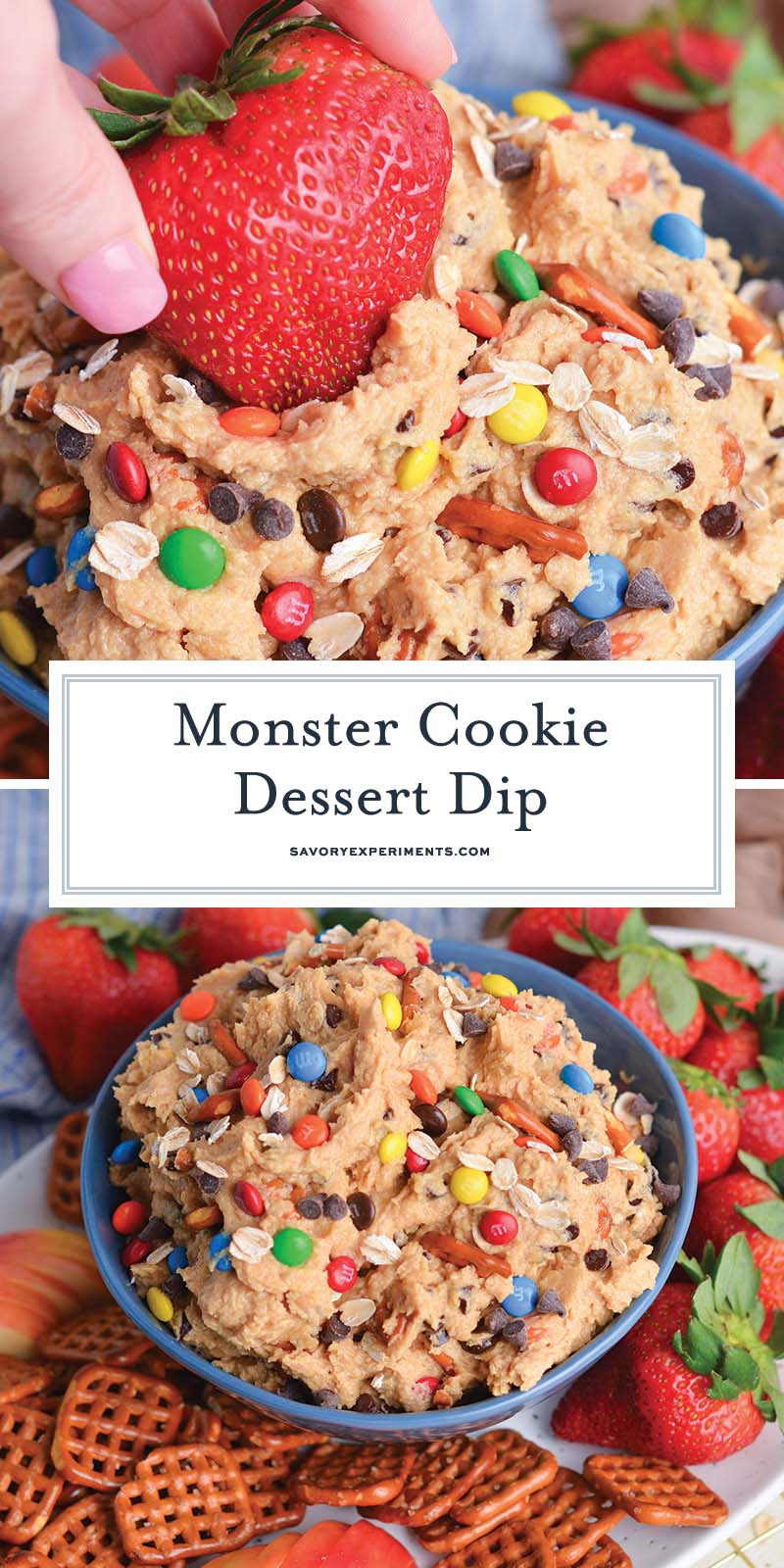 collage of monster cookie dip