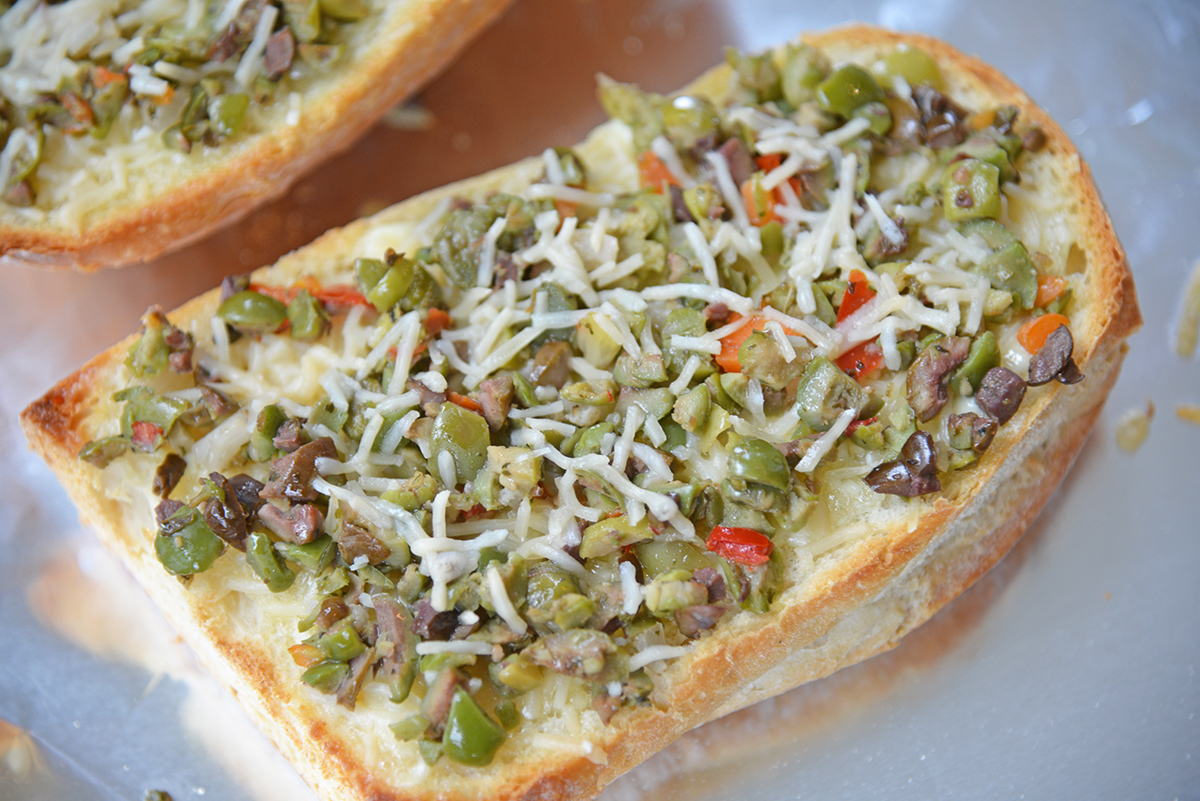 angled shot of olive cheese bread