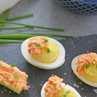 pimento cheese hard boiled egg on slate serving tray