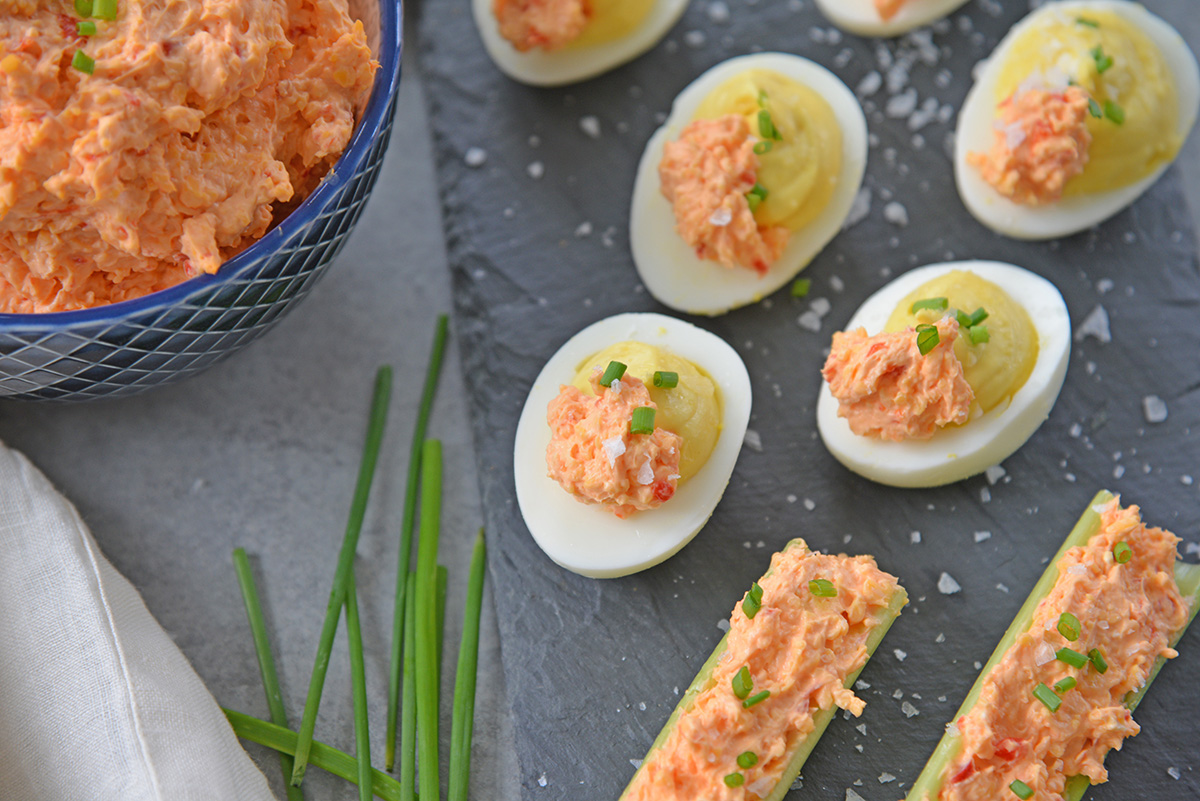 overhead shot of platter of pimento cheese deviled eggs