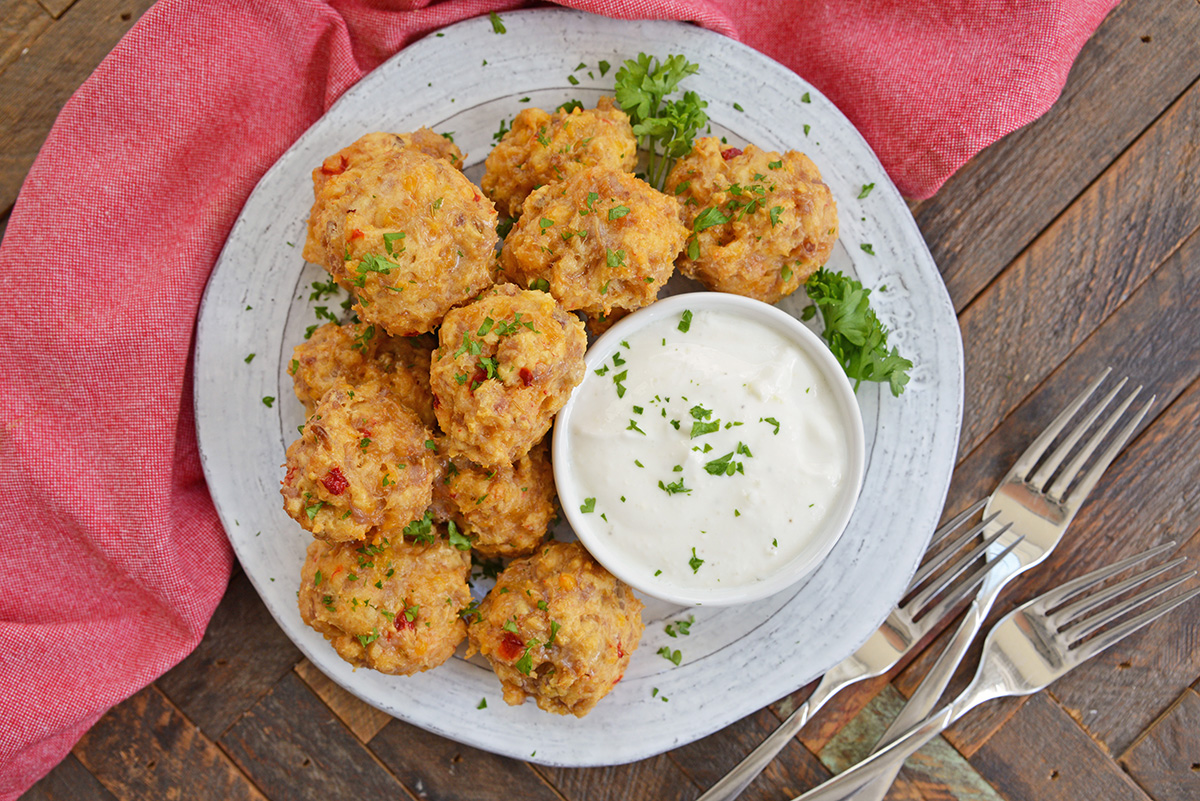 overhead shot of plate of pimento cheese sausage balls