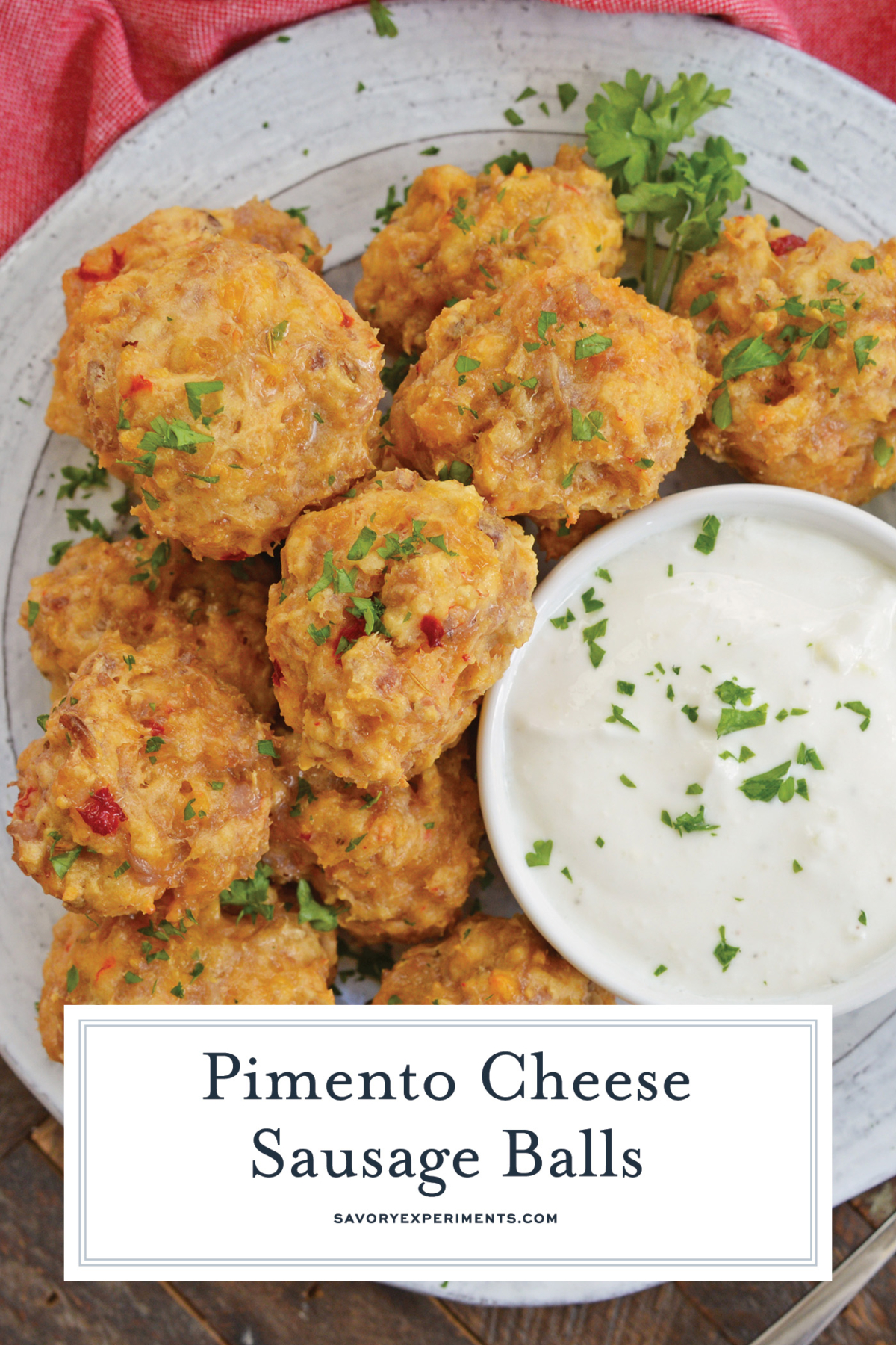 overhead shot of plate of pimento cheese sausage balls with text overlay