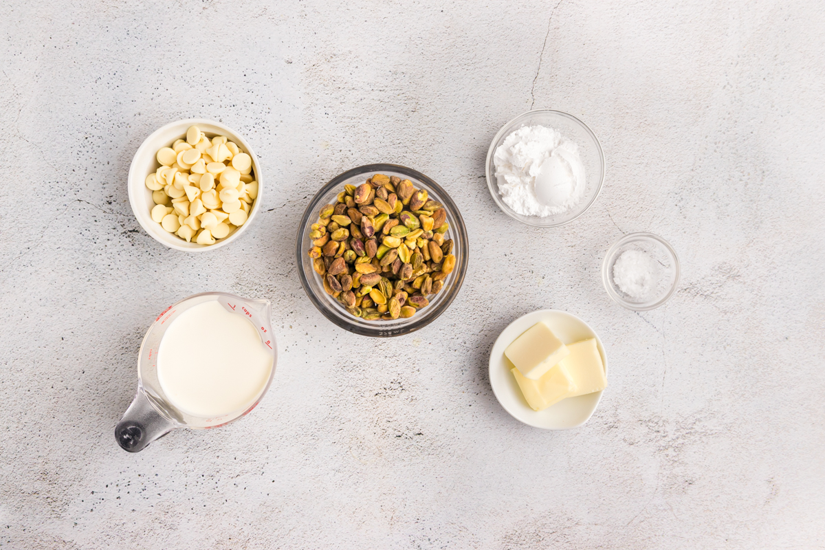 overhead shot of pistachio cream ingredients