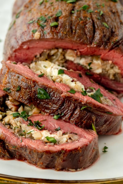 close up of sliced stuffed flank steak